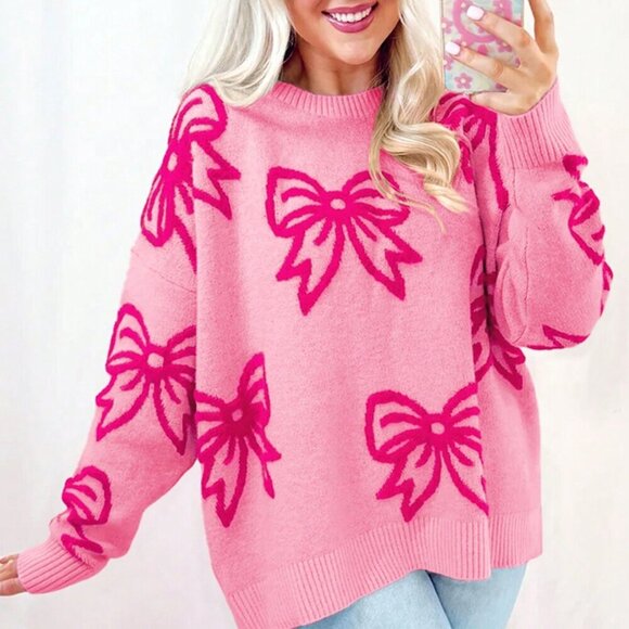 Pink Casual Women's Bow print Round Neck Long Sleeved Pullover Sweater - Picture 1 of 7